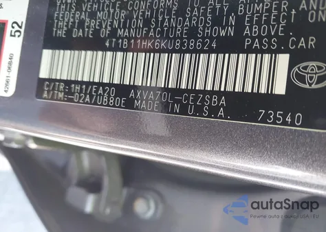 2019 Toyota Camry Se from USA, damaged, VIN 4T1B11HK6KU838624